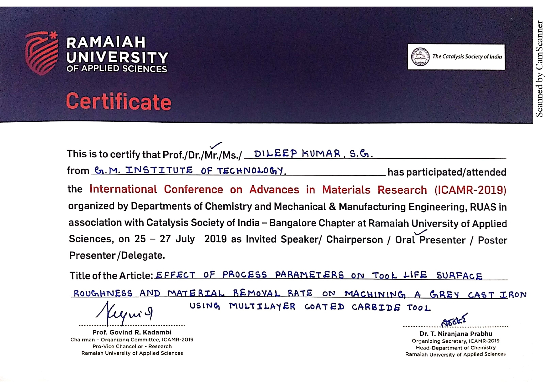 Faculty Achievement Certificate